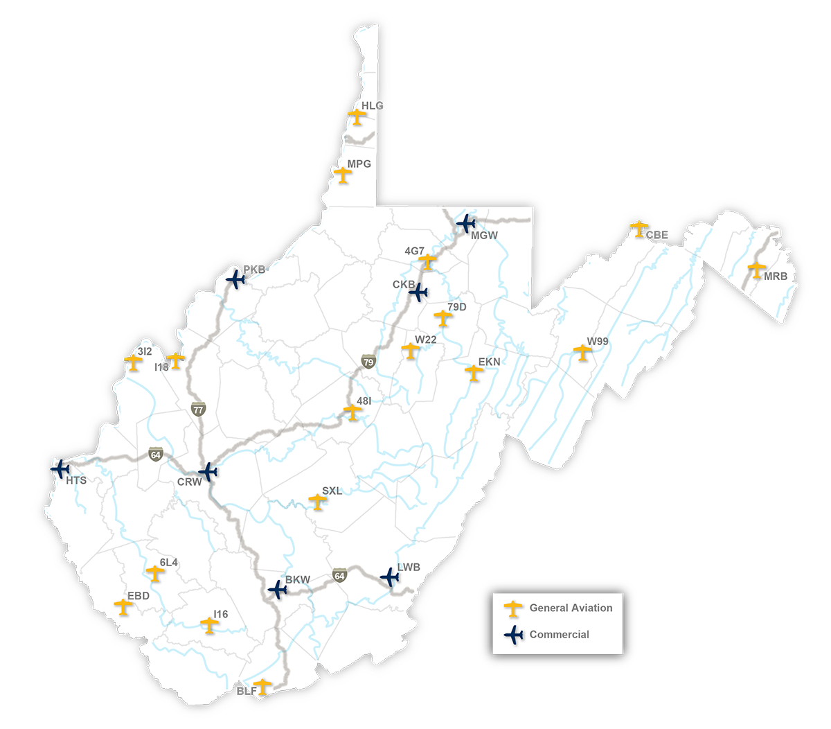 West Virginia Airports Map